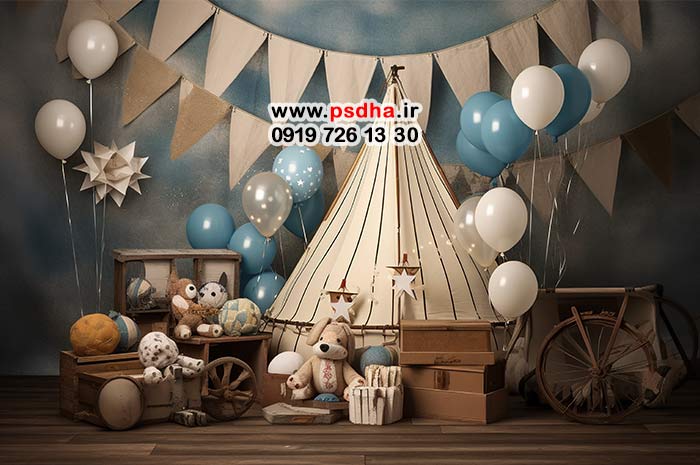 بکگراند کودک با تم تولد ، تدی ، بادکنک