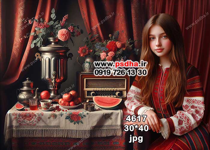 بکگراند سنتی یلدا با دکور سماور و رادیو قدیمی کد 4617 بکگراند سنتی یلدا با دکور سماور و رادیو قدیمی