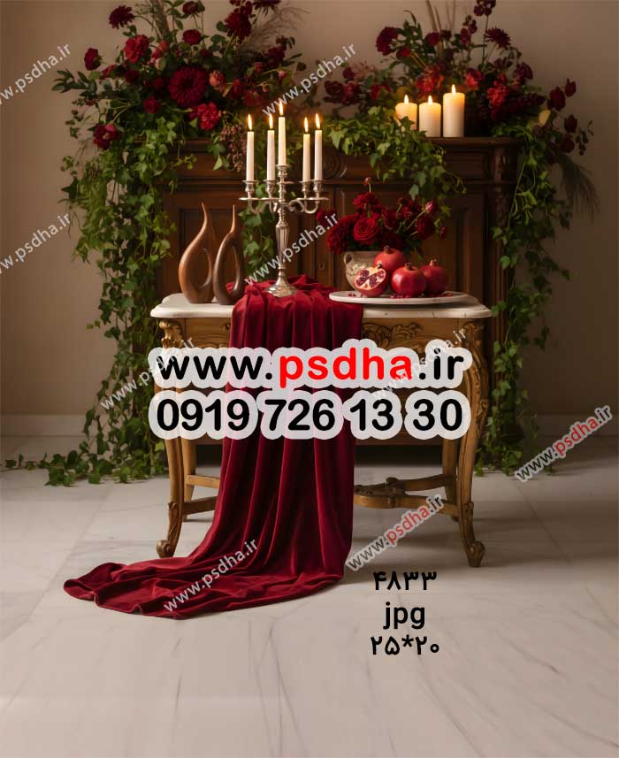 بکگراند یلدا با دکور میز چوبی ، رومیزی قرمز